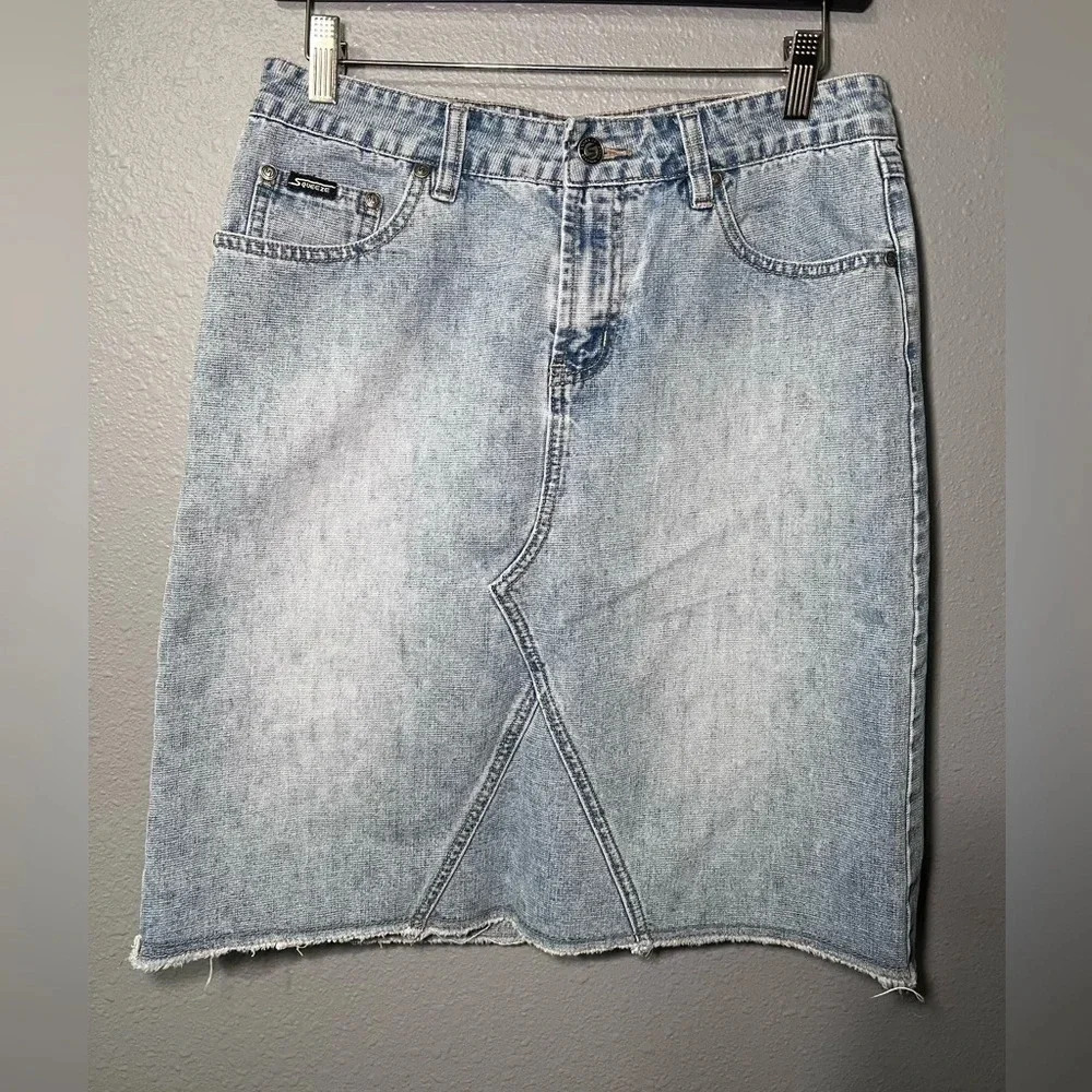 VNTG Squeeze Stephen Hardy Blue Knee Length Denim Jean Skirt Sz 9/10 Back Slit.